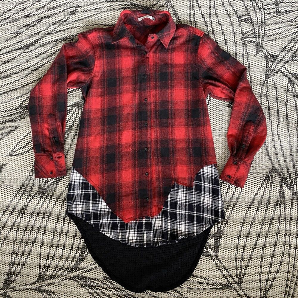 Maude Vivante Flannel Sweater Top XS Womens Buffalo Plaid Mixed Texture Red Blk